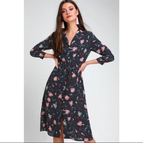 NWT Lulu's Rue navy blue floral shirt dress size small - Picture 1 of 11